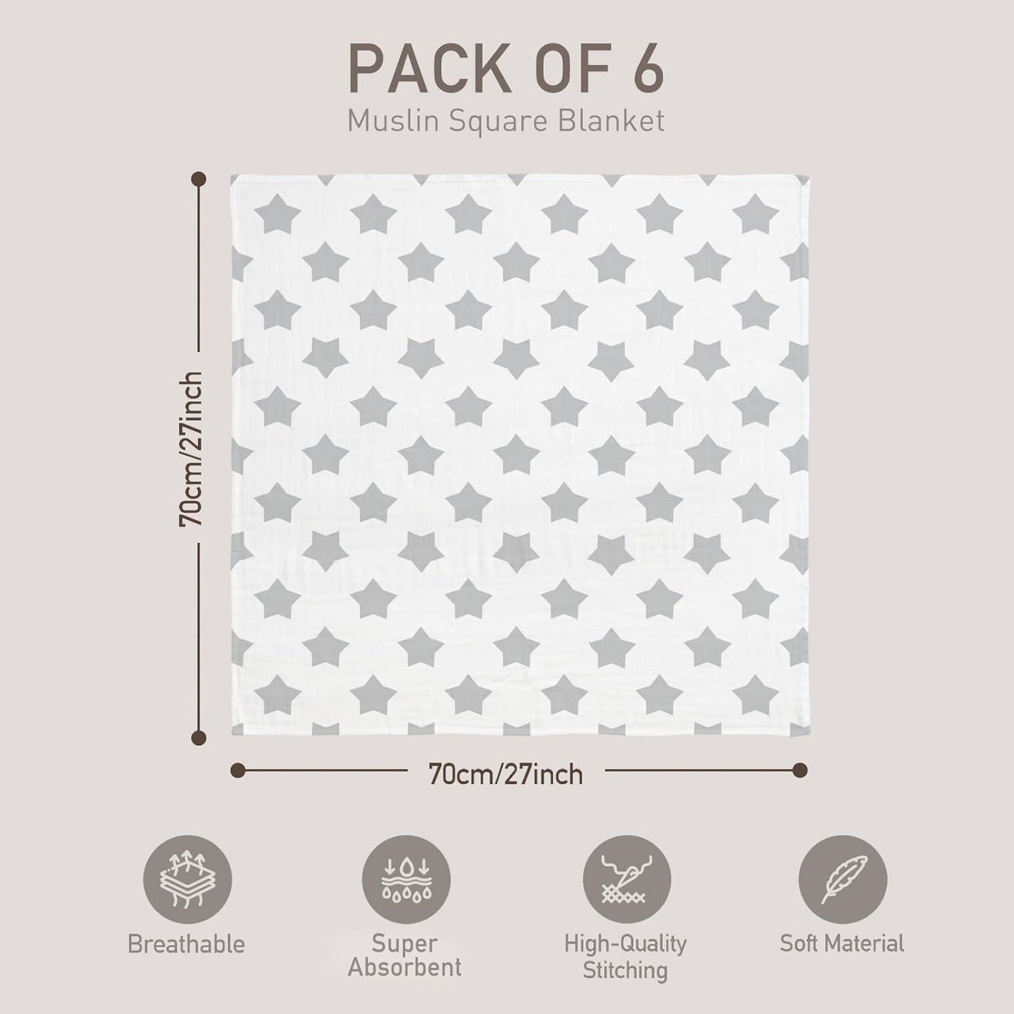 Baby Blankets Cloths Double Absorbent Infant Swaddling Wrap - 6 Pack (Star)