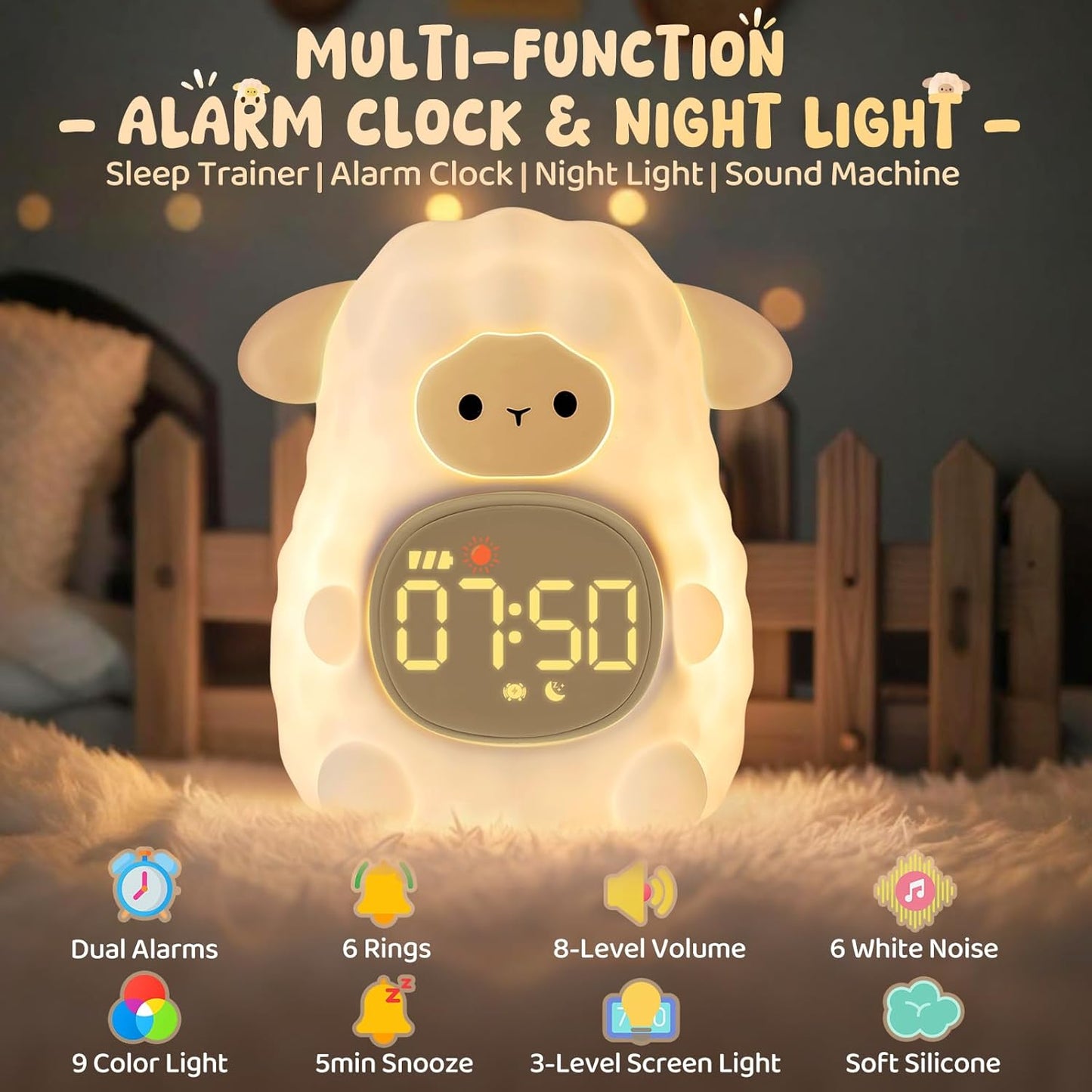 Sheep Alarm Clock with Night Light for Kids with Sleep Training and Sound Machine