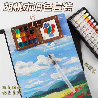 WEIQUEENpaint box Walnut Raw Material Box Mini Portable Drawing Board Travel Sketching Carry-on Walnut Box with Grid Set